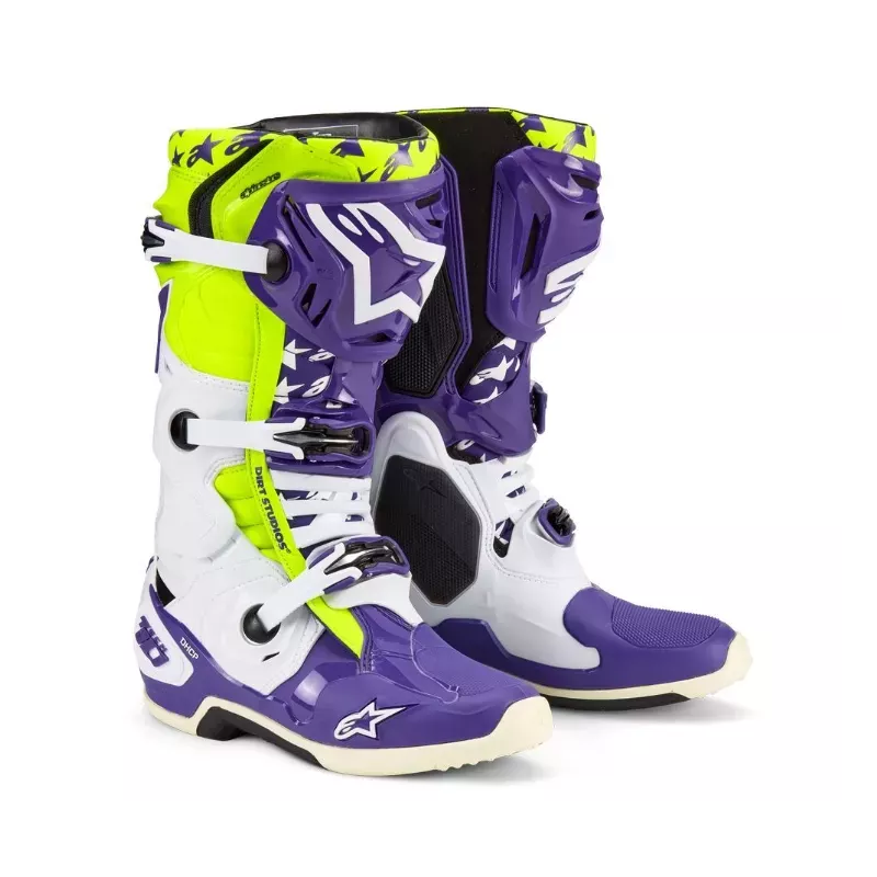 botte-alpinestar-274sow.webp Bottes Alpinestars Tech 10 SERIE LIMITED LE Dirt Studios Blanc Violet Jaune Fluo – Image 1