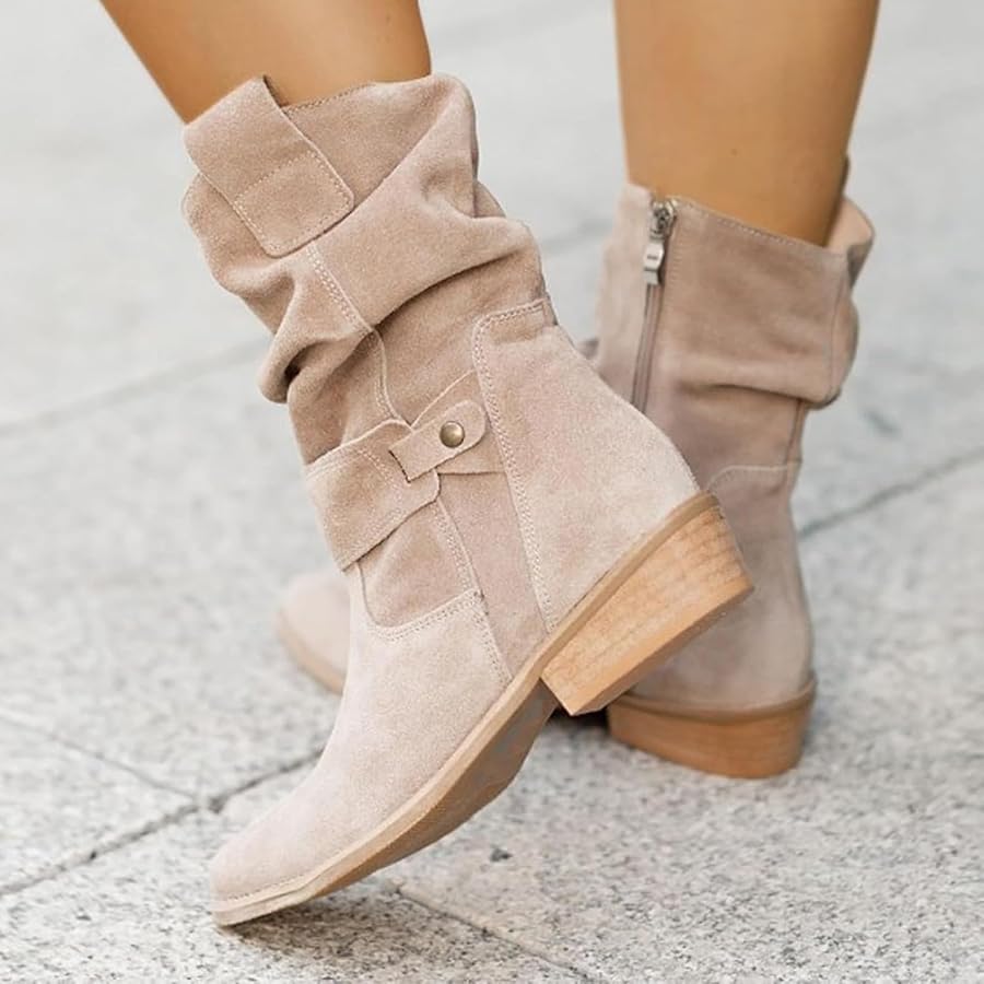 bottes-en-daim-femme-375opa-1.jpg Bottes Mi mollet En Daim Pour Femme – Style Décontracté – Talon Bloc Moyen – Bout Rond – Imperméables Et Antidérapantes – Confortables Pour La Marche – Larges – Image 1